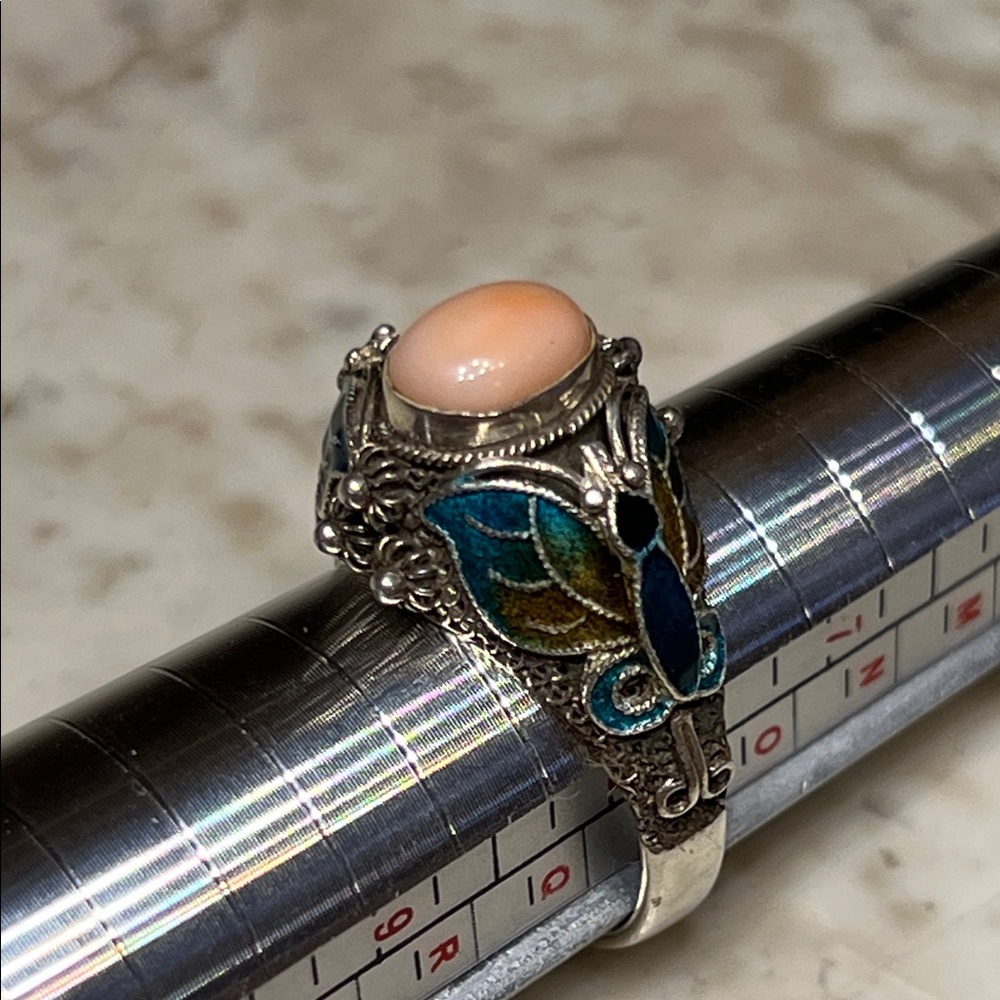 Vintage 925 Coral Cloisonné Butterfly Ring